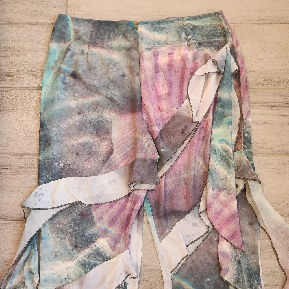 PrettyLittleThing PLT beach pants 6 green purple ruffles sheer wide leg swim new